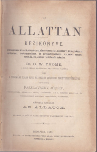 Paszlavszky József: Az állattan kézikönyve (1875) antikvár