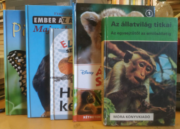 5 db könyv gyerekeknek, állatokról: Az állatvilág titkai + Állati szafari + Hüllők és kétéltűek (Első szavaim) + Ember az állatban (Majmok könyve) + Pillangók antikvár