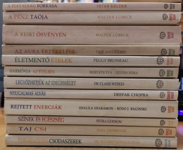 Deepak Chopra, Peggy Brusseau, Shalila Sharamon - Bodo J. Baginski, Peter Kelder, Petra Godson, Walter Lübeck, Paul Crompton, Dr. Claire Weekes, Dr. Manfred Köhnlechner, Ted Andrews, Szepesi Dóra Horváth Éva: 12 db Édesvíz kötet: A fiatalság forrása; A pénz taója; A Reiki ösvényén; Az aura érzékelése; Életmentő ételek; Harmónia az ételben; Legyőzhetjük az idegességet; Nyugalmas alvás; Rejtett energiák; Színek és egészség; Taj Csi; Természetes csodaszerek antikvár