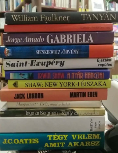 A. Moravia, J.C. Oates, Robert Merle, Ingmar Bergman, Maupassant, Jack London, Irwin Shaw, Antoine de Saint-Exupéry, Sienkiewicz, Jorge Amado, William Faulkner: 12 db-os KÖNYVMENTŐ AJÁNLAT, próza: Tégy velem, amit akarsz+ Malevil+ Fanny és Alexander+ Erős, mint a halál+ Martin Eden+ New York-i éjszaka+ A nyár hangjai+ Éjszakai repülés+ Örvény+ Gabriela+ 1934+ Tanyán antikvár