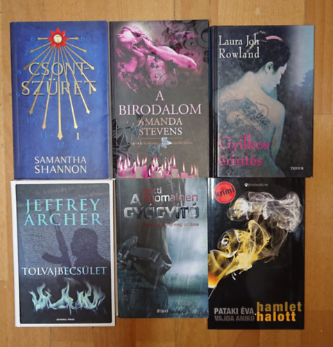 Antti Tuomainen, Pataki Éva - Vajda Anikó, Jeffrey Archer, Laura Joh Rowland, Samantha Shannon, Amanda Stevens: 6 lebilincselő thriller: A gyógyító, Hamlet halott, Tolvajbecsület, Gyilkos érintés, Csontszüret, A birodalom antikvár