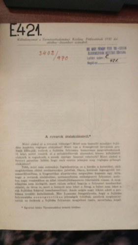 A rovarok átalakulásáról különlenyomat antikvár