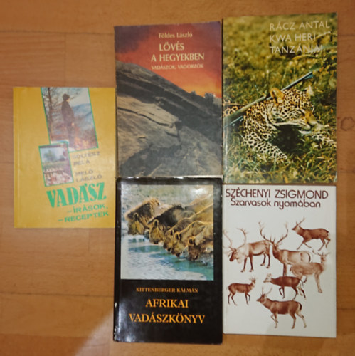 Soltész Béla-Meló László, Földes László, Rácz Antal, Kittenberger Kálmán, Gróf Széchenyi Zsigmond: 5 könyv a vadászat szerelmeseinek: Vadászírások, -receptek, Lövés a hegyekben, Kwa heri Tanzánia!, Afrikai vadászkönyv, Szarvasok nyomában antikvár