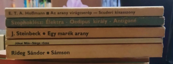 E. T. A. Hoffmann, Szophoklész, J. Steinbeck, Jókai Mór, Rideg Sándor: 5 db Olcsó Könyvtár mű: Sűmson+Sárga rózsa+Egymarék arany+Élektra/Oedipus király/Antigoné+Az arany virágcserép/Scuderi kisasszony antikvár