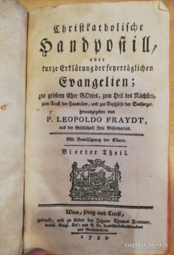 1759 Christkatholische handpostille Német nyelvű antik könyv antikvár