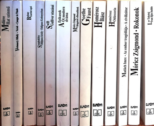 Moliére, Vörösmarty Mihály, Balzac, Wiliam Shakespeare, Swift Jonathan, Móricz Zsigmond, Goethe, Homérosz, Madách Imre, Lev Tolsztoj: 13 db az Európa Diákkönyvtár sorozatból: Hat színmű, Versek/Csongor és Tünde, Goriot apó, Szophoklész/Odipusz király/Odipusz Kolónoszban,Guliver utazása,A fizikuson öt modern dráma,Válogatott elbeszélések,Faust, Íliász,Odüsszeia, könyv