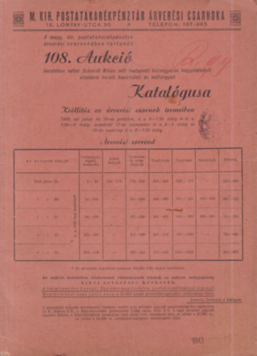 M. Kir. Postatakarékpénztár Árverési Csarnoka 108. aukciójának katalógusa antikvár