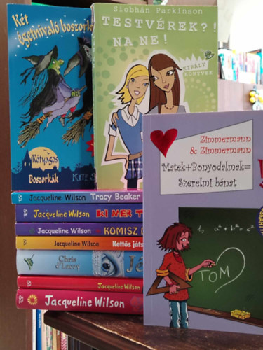 Jacqueline Wilson, Chris d'Lacey, Siobhán Parkinson, Kate Saunders: KÖNYVMENTŐ AJÁNLAT, 10 db ifjúsági regény, Matek+ Két égetnivaló boszorkány +Testvérek?! Na ne!+ Tracy Baker története+ Ki mer többet+ Komisz lányok+ Kettős játszma+ Jégszikra+ Aludj nálunk!+ Lola Rose antikvár