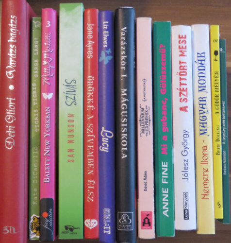 Barbara Robinson, Kate DiCamillo, Elena Peduzzi, Sam Munson, Jane Ayres, Liz Elwes, Debra Doyle, James MacDonald, Dávid Ádám, Anne Fine, Jólesz György, Nemere Ilona, Beate Dölling: 13 db ifjúsági regény: Varázs bagázs; Tigris, tigris, sárga láng; Balett New Yorkban; Szívás; Örökké a szívemben élsz; Lucy; Mágusiskola; A potyautas; Mi a gubanc, gülüszem; A széttört mese; Magyar mondák; A gödör mélyén; A legeslegszebb betlehemes antikvár