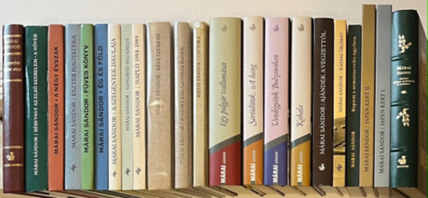 Márai Sándor: 22DB MÁRAI SÁNDOR: 1.	A GYERTYÁK CSONKIG ÉGNEK 2.	A SZERELEM HÁROM ARCA 3.	AJÁNDÉK A VÉGZETTŐL 4.	BÉBI A NŐVÉR 5.	CSUTORA 6.	ÉG ÉS FÖLD 7.	EGY POLGÁR VALLOMÁSA 8.	ESZTER HAGYATÉKA 9.	FÜVES KÖNYV 10.	JAPÁN KERT I. 11.	JAPÁN KERT II. 12.	KABALA antikvár