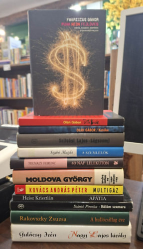 Oláh Gábor, Fabricius Gábor, Heisz Krisztián, Szántó Piroska, Tolvaly Ferenc, Szilvási Lajos, Magda Szabó, Rakovszky Zsuzsa, Moldova György, Kovács András Péter, Gulácsy Irén: 12 db magyar irodalmi regény, KÖNYVMENTŐ AJÁNLAT: Díszbogár, Katóka, Puha neon fejlövés, Apátia, Bálám szamara, 40 nap lélekúton, Légszomj, A szemlélők, A hullócsillag éve, Gázlámpák alatt/Az idegen bajnok, Multigáz, Nagy Lajos király antikvár