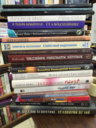 William Gladstone, Richard Webster, Berente Ági, Nagy Kázmér, Horváth Andrea, Schmidtné Dr. Holló Erzsébet, Barbel Mohr, Erna Droesbeke, Anthony De Mello, Karen Berg: 20db ezotéria KÖNYVMENTŐ AJÁNLAT: 12-Fogytán az idő, 101 feng shui tipp, Élet-halál-karma, Ki volt Ön előző életében?, Lélekvándorlások hiteles történetei, Angyalok tánca, Isten is visel rúzst, Delej-Lélektárs kereső, Kozmikus csomagküldő szolgálat, könyv