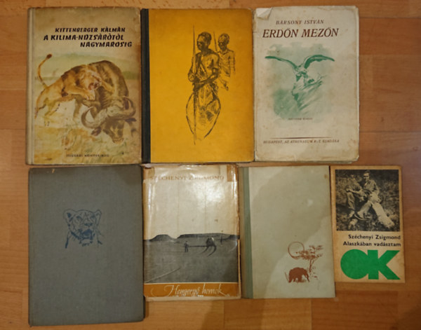 Széchenyi Zsigmond, Róna István, Bársony István, Kittenberger Kálmán: 7 db vadászattal foglalkozó könyv: Alaszkában vadásztam, Híres vadászkalandok, Hengergő homok, Erdőn-mezőn, Kelet-Afrika vadonjaiban, A Kilimandzsárótól Nagymarosig, KIttnberger Kálmán élete antikvár