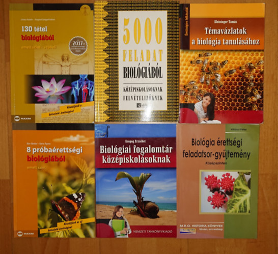 Villányi Péter, Kropog Erzsébet, Bán Sándor, Kleininger Tamás, Juhász Katalin: 6 könyv biológia érettségire készülőknek: Biológia érettségi feladaatsor-gyűjtemény, Biológiai fogalomtár középiskolásoknak, 8 próbaérettségi biológiából, Témavázlatok a biológia tanulásához, 130 tétel biológiából, 5000 feladat biológiából antikvár