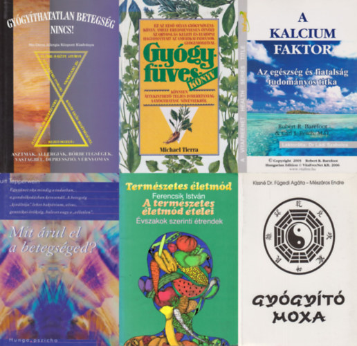Kurt Tepperwein, Mészáros Endre Kissné Dr. Fügedi Agáta, Robert R. Barefoot   Carl J. Reich M. D., Ferencsik István, Michael Tierra, Kecskeméti Lajos: 6 db természetgyógyász könyv: Mit árul el a betegséged? + Gyógyító moxa + A kalcium faktor - Az egészség és fiatalság tudományos titka + A természetes életmód ételei - Évszakok szerinti étrend + Gyógyfüveskönyv - Könnyen áttekinthető teljes ismeretanyag antikvár