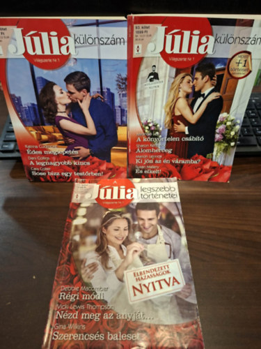Debbie Macomber, Vicki Lewis Thompson, Gina Wilkins, Miranda Lee; Sharon Kendrick; Marion Lennox; Susan Mallery, Katrina Cudmore, Dani Collins, Cara Colter: 3 db Júlia: A Júlia legszebb történetei 20. kötet (Régi módi, Nézd meg az anyját..., Szerencsés baleset), Júlia különszám 93. kötet (A könyörtelen csábító, Álomherceg, Ki jön az én váramba?, És elkelt!), Júlia különszám 112. kötet (Édes meglepetés...) antikvár