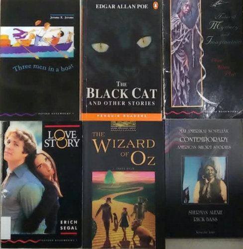 L. Frank Baum, Erich Segal, Edgar Allan Poe, J. K. Jerome, Sherman Alexie, Rick Bass: 6 db-os KÖNYVMENTŐ AJÁNLAT, könnyített angol olvasmányok: Three men in a boat (Három ember egy csónakban)+ The Black Cat and other stories ( A fekete macska és más történetek)+ Tales of Mystery and Imagination (Rejtelmes történetek)+ Love Story+ antikvár