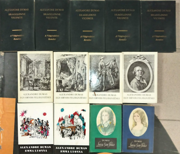 Alexandre Dumas: Bragelonne vicomte vagy Tíz évvel később 1-5. + Emma Lyonna 1-2. + Egy orvos feljegyzései 1-4. + San Félica 1-2. (4 mű 13 kötetben) antikvár
