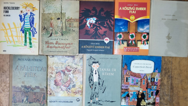 Jókai Mór, Zrínyi Miklós, Karinthy Frigyes, Charles Dickens, Mark Twain, Molnár Ferenc: 9db kötelező és ajánlott olvasmány - Jókai Mór-A kőszívű ember fiai, Nógrádi Gergely-A kőszívű ember fiai, Zrínyi Miklós-Szigeti veszedelem, Karinthy Frigyes-Tanár úr kérem, Charles Dickens-Copperfield Dávid, stb. (többi szerző és cím a leírásban) antikvár