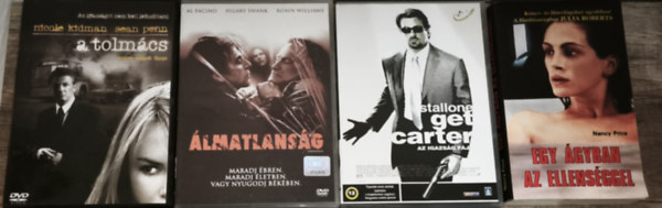 Nancy Price: 3db akcióthriller DVD + ajándék könyv - A tolmács (Nicole Kidman, Sean Penn), Álmatlanság (Al Pacino, Hilary Swank, Robin Williams), Get Carter-Az igazság fáj (Sylvester Stallone) + Nancy Price-Egy ágyban az ellenséggel antikvár