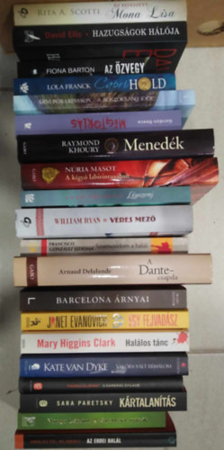R. A. Scotti, David Ellis, Fiona Barton, Lola Franck, Árni Thórarinsson, Gordon Reece, Raymond Khoury, Núria Masot, Jane Shemilt, William Ryan, Francisco González Ledesma, Arnaud Delalande, Marc Pastor, Janet Evanovich, Mary Higgins Clark, Kate Van Dyke, Thomas Glavinic, Sara Paretsky, Varga Lóránt, Brigitte Aubert, könyvcsomag: 20 db krimi KÖNYVMENTŐ AJÁNLAT: Az elveszett Mona Lisa+ Hazugságok hálój + Az özvegy+ Capri hold+ A boszorkány ideje+ Megtorlás+ Menedék+ A kígyó labirintusában+ Légszomj+ Véres mező+ Szomszédom a halál+ A Dante-csapda+ Barcelona árnyai+ Egy fejvadász+ antikvár