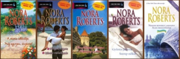 Nora Roberts: 5 db-os könyvcsomag (10 mű - 5 kötetben: A mama albérlője - Még egyszer, érzéssel / Virágok szigete - Merész vállalkozás / Bor, boldogság, Bretagne - Képregény az életem / Győztes játszma - Szerep nélkül / Nekem rendelt asszony - Alex meggyőzése) antikvár