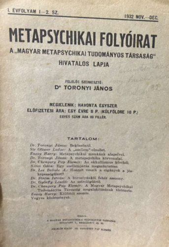 Dr. Tornyai János: Metapsychikai folyóirat I. évfolyam I-II. szám (1932. nov.-dec.) antikvár