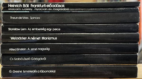 Heinrich Böll, Malcolm Cowley, Theun De Vries, Stanislaw Lem, Carl Friedrich von Weizsäcker, Alfred Einstein, Cs. Szabó László, Graham Greene: 8 db Mérleg kötet: Frankfurti előadások, Nyolcvan év magasból, Spinoza, Az emberiség egy perce, A német titanizmus, A zenei nagyság, Görögökről, Ismerkedés a tábornokkal antikvár