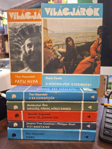Thor Heyerdahl, Moldoványi Ákos, Bernáth Tivadar, Jacques-Yves Cousteau-Diolé P., Rosie Swale: 7 kötet a Világjárók sorozatból, KÖNYVMENTŐ AJÁNLAT: Fatu Hiva, A Ra expedíciók, Ország, város, híres ember, Hogy él, Jensen úr?, Vízi barátaink, Tigris, A Hoorn-fok gyermekei antikvár
