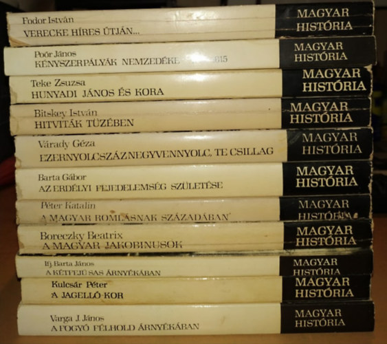 Varga J. János, Kulcsár Péter, Ifj. Barta János, Boreczky Beatrix, Péter Katalin, Barta Gábor, Várady Géza, Bitskey István, Teke Zsuzsa, Poór János, Fodor István: 11 db Magyar História: A fogyó félhold árnyékában + A Jagelló-kor + A kétfejű sas árnyékában + A magyar Jakobinusok + A magyar romlásnak századában + Az Erdélyi fejedelemség születése + Ezernyolcszáznegyvennyolc, te csillag + Hitviták tüzében könyv