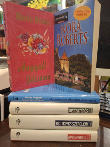 Nora Roberts, Maria Brown, Denise/Vukovic Zintgraff, Katherine Stone: 6 db romantikus kötet, KÖNYVMENTŐ AJÁNLAT: Bor, boldogság, Bretagne - Képregény az életem, Angyali játszma, Az ezeregyéjszaka asszonya, Visszatérés, Rejtélyes szerelem, Gyöngyhold antikvár