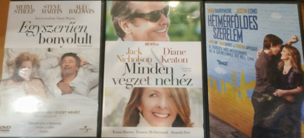 Jack Nicholson, Diane Keaton, Meryl Streep, Alec Baldwin, Drew Barrymore, Justin Long: 3 db romantikus film: Minden végzet nehéz + Hétmérföldes szerelem + Egyszerűen bonyolult (3 DVD) antikvár