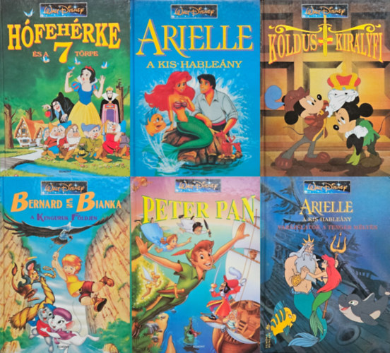 6 db könyv  a Betűs Disney sorozatból  (teljes sorozat, nagyon ritka): Hófehérke és a hét törpe + Arielle, a kis hableány + Koldus és királyfi + Peter Pan +  Bernard és Bianka a kenguruk földjén + Arielle, a kis hableány – Varázslatok a tenger mélyén antikvár