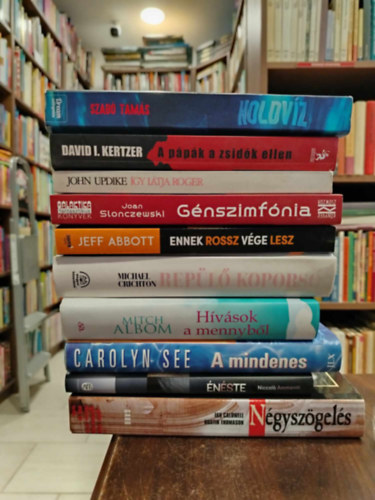 Szabó Tamás, Mitch Albom, David I. Kertzer, John Updike, Joan Slonczewski, Jeff Abbott, Michael Crichton, Carolyn See, Ian Caldwell & Dustin Thomason, Niccoló Ammaniti: KÖNYVMENTŐ AJÁNLAT, 10 db. regény. Holdvíz+ A pápák a zsidók ellen+ Így látja Roger+ Génsztimfónia +Repülő koporsó+ Hívások a mennyből+ A mindenes+ ÉnésTe+ Négyszögelés antikvár
