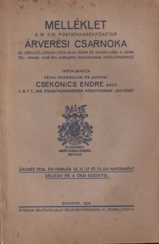 Melléklet a M. Kir. Postatakarékpénztár árverési csarnoka 1936. évi jubiláris aukciójának katalógusához antikvár