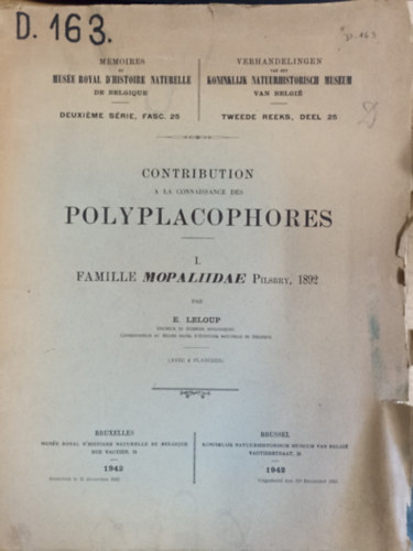 E. Leloup: Contribution a la connaissance des Polyplacophores / I. Famille Mopalidae antikvár