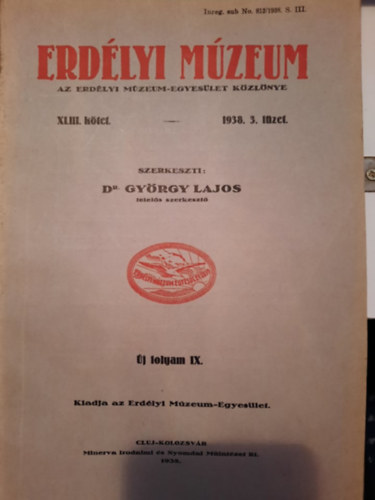 Dr. György Lajos: Erdélyi Múzeum 1938. 3. füzet antikvár
