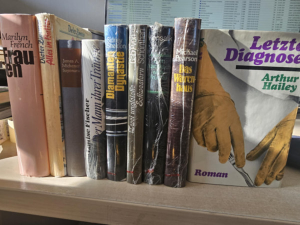 Arthur Hailey, Michael Pearson, Konsalik, Gaby von Schönthan, Marie Louise Fischer, James A. Michener, Dieter E. Zimmer, Marilyn French: 9db német nyelvű regény, KÖNYVMENTŐ AJÁNLAT: Letzte Diagnose+ Das Warenhaus+ Zum nachtisch Wilde Früchte+ Zwei ungleiche Schwestern+ Diamanten-Dynastie+ Der Mann ihrer Träume+ Sayonara+ Alles in Butter+ Frauen antikvár