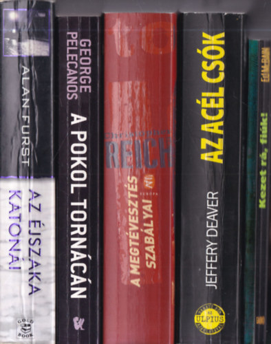 Ed McBain, Jeffrey Deaver, Christopher Reich, George Pelecanos, Alan Furst: 5 db. krimi (Kezet rá, fiúk! + Az acél csók + A megtévesztés szabályai + A pokol tornácán + Az éjszaka katonái) antikvár