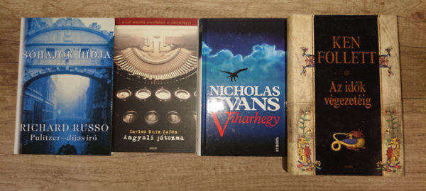 Carlos Ruiz Zafón, Richard Russo, Nicolas Evans, Ken Follett: 4 kiváló kalandregény: Angyali játszma, Sóhajok hídja, Viharhegy, Az idők végezetéig antikvár