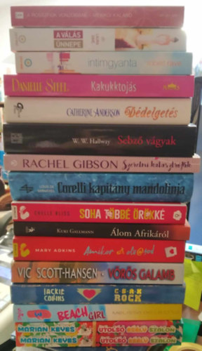 Marian Keyes, Jackie Collins, EL James, Catherine Anderson, Danielle Steel, W. W. Hallway, Rachel Gibson, Mary Adkins, Melissa de la Cruz, Vic Scott-Hansen, Kuki Gallmann, Chelle Bliss, Louis de Berniéres, Robert Rave, Laura Dave, Michelle Celmer, Tawny Weber: 15 db-os KÖNYVMENTŐ AJÁNLAT, romantikus: Utolsó esély szalon 1-2.+ Beach girl 3. +Csak rock+ Vörös galamb+ Amikor ezt olvasod+ Álom Afrikáról+ Soha többé örökké+ Corelli kapitány mandolinja+ Szerelmi katasztrófák+ Sebző vágyak+ Dédelgetés+ Kakukktojás+ antikvár