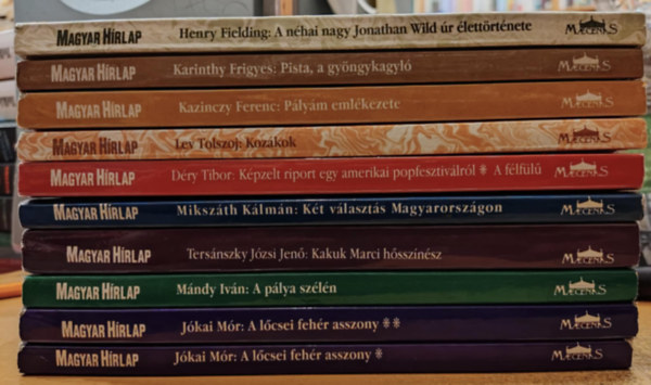 Kazinczy Ferenc, Lev Tolsztoj, Mándy Iván, Déry Tibor, Tersánszky Józsi Jenő, Karinthy Frigyes, Jókai Mór, Mikszáth Kálmán, Henry Fielding: 10 db Heti klasszikusok: A lőcsei fehér asszony I-II.; A néhai nagy Jonathan Wild úr élettörténete; A pálya szélén; Kakuk Marci hősszínész; Két választás Magyarországon; Képzelt riport egy amerikai popfesztiválról/A félfülű; Kozákok; Pályám emlékezete antikvár
