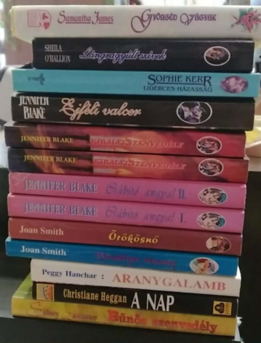 Sindey Lawrence, Christiane Heggan, Peggy Hanchar, Joan Smith, Jennifer Blake, Sophie Kerr, Sheila O'Hallion, Samantha James: 11 db-os KÖNYVMENTŐ AJÁNLAT, romantikus 13 kötetben: Gyöngéd vágyak+ Lángragyúlt szívek+ Lidérces házasság+ Éjféli valcer+ Királyi szenvedély I-II.+ Csábító angyal I-II.+ Örökösnő+ Veszélyes viszony+ Aranygalamb+ A Nap+ Bűnös szenvedély antikvár