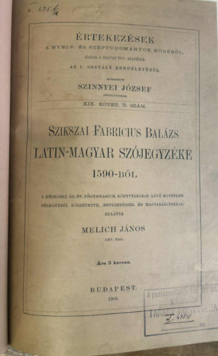 Melich János: Szikszai Fabricius Balázs latin-magyar szójegyzéke 1590-ből antikvár