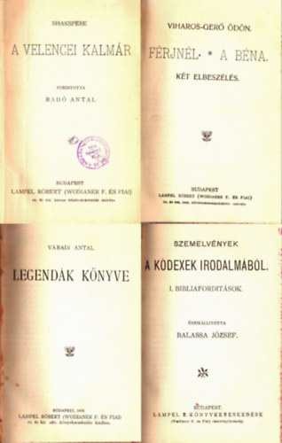 Williem Shakespeare, Viharos-Gerő Ödön, Váradi Antal, Balassa József, Tábori Róbert, I. P. Smith, Moliére, Hevesi Sándor (ford.), Deák Ferencz: 8 regény az 1800-as évek végéről egybekötve: A velencei kalmár, Férjnél - A béna, Legendák könyve, Szemelvények a kódexek irodalmából, Az élet folytatásokban, Különös házasság, Dandin György vagy a megcsúfolt férj, Deák Ferencz 1861-iki felirati beszéde antikvár