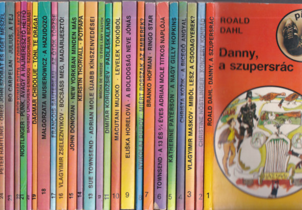 Roald Dahl, Christine Nöstlinger, Vlagyimir Maskov, Christa Kozik, Katherine Paterson, Sue Townsend, Branko Hofman, Nyikolaj Dubov, Eliska Horelová, Macutani Mijoko, Dimitar Korudzsiev, Mischa de Vreede, Krestin Thorvall, John Donovan, Vlagyimir Zseleznyikov, Francois Sautereau, Malgorzata Musierowicz, Dagmar Chidolue, Barbro Lindgren-Enskog, Arúp Kumár Datta, Bo Carpelan, Peter Hartling: Piknik könyvek 1-24. (Danny, a szupersrác + Konzerv Konrád + Miből lesz a csodagyerek? + A bicegő angyal + A nagy Gilly Hopkins + A 13 és 3/4 éves Adrian Mole titkos naplója + Ringo Star + Miért rosszak az emberek? + A boldogság neve Jónás + Levelek... antikvár