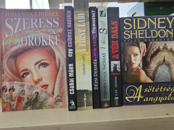 Johanna Lindsey, Csabai Márk, Csurgay Judit, Dézsi Desirée, Stephen Paul Thomas, Cat Adams, Sidney Sheldon-Tilly Bagshawe: 7db szórakoztató irodalom, KÖNYVMENTŐ AJÁNLAT: Szeress örökké+ Egy csibész naplója+ A First Lady+ Hol vagy tigrisem?+ A csend kezdete (World War S)+ A vér dala+ A sötétség angyala antikvár