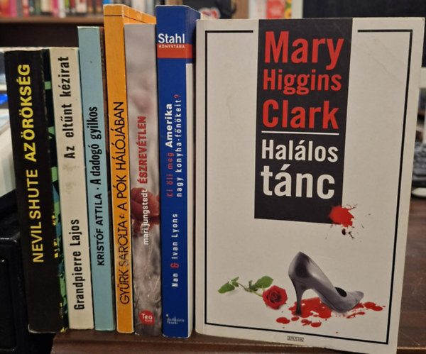 Nevil Shute, Grandpierre Lajos, Kristóf Attila, Gyürk Sarolta, Mari Jungstedt, Nan & Ivan Lyons, Mary Higgins Clark: 7 db krimi, KÖNYVMENTŐ AJÁNLAT: Az örökség, Az eltűnt kézirat, A dadogó gyilkos, A pók hálójában, Észrevétlen, Ki öli meg Amerika nagy konyha-főnökeit?, Halálos tánc antikvár