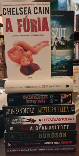 Alexander McCall Smith, Nemere István, Graham Moore, Robert Crais, Alison Belsham, Chelsea Cain, J. D. Robb (Nora Roberts), John Sandford, Tina Seskis, Oliver Bottini: 10 db krimi KÖNYVMENTŐ AJÁNLAT: Erkölcstelen szép lányoknak, Naponta fogsz meghalni, Bűnösök, A gyanúsított, A tetoválás tolvaj, A fúria, Halálos szertartás, Meztelen préda, A nászút, Gyilkosság a zen jegyében antikvár