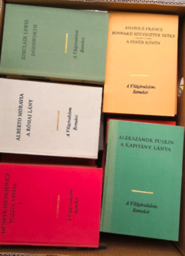 Victor Hugo, Mark Twain, Jonathan Swift:, Federico De Roberto, Sinclair Lewis, H.G: WELLS, Thomas Hardy, Joseph Conrad, Csingiz Ajtmatov, Fjodor Mihajlovics Dosztojevszkij, Miroslav Krleza, Nyikolaj Leszkov, Nathaniel Hawthorne, Anton Pavlovics Csehov, Panait Istrati, Anatole France, Gorkij Makszim, Alekszandr Kuprin, Buzzati Dino, Nikosz Kazantzakisz, Charlotte Brontë, Antoine de Saint-Exupéry, Leonhard Frank, Guy De Maupassant, Alberto Moravia, Walter Scott, Lion Feuchtwanger, Multatuli (Eduard Dekker), Navarrai Margit, Ilja Ehrenburg, Vaszilij Suksin, Franz Werfel, Aragon Louis, Colette, Cesare Pavese, Thomas Mann, Alekszandr Puskin, Sienkiewicz Henryk, Martin Andersen Nexö: 40 db könyv a Világirodalom Remekei sorozatból : A tenger munkásai - A Párizsi Notre Dame 1482 - Egy jenki Arthur király udvarában - Gulliver utazásai -Kipps - Lidércfény - Ábránd - Dodsworth - Lord Jim - Az évszázadnál hosszabb ez a nap - Feljegyzések .. könyv